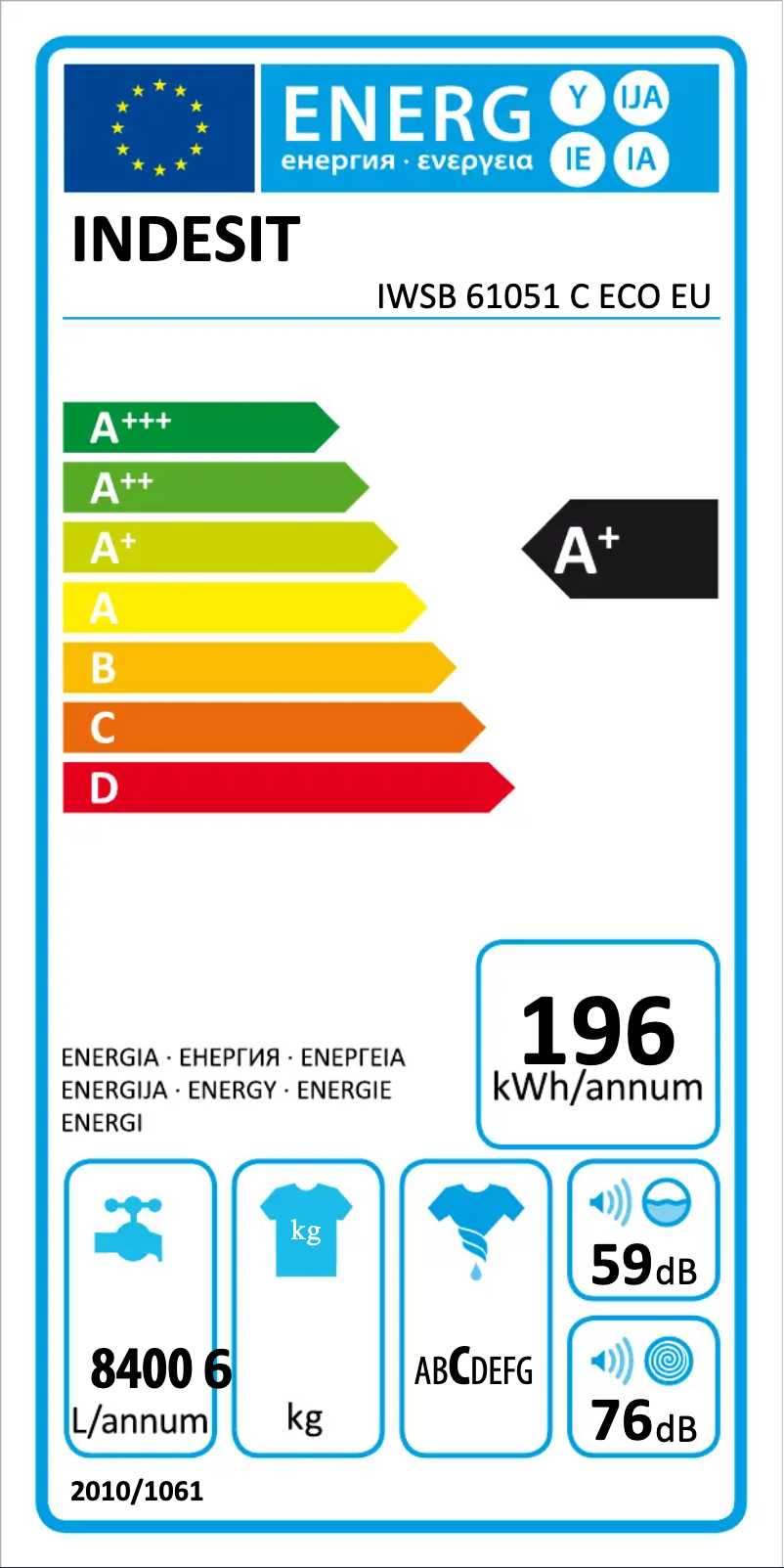 Page n°1 - Label énergétique Indesit IWSB 61051 C ECO EU