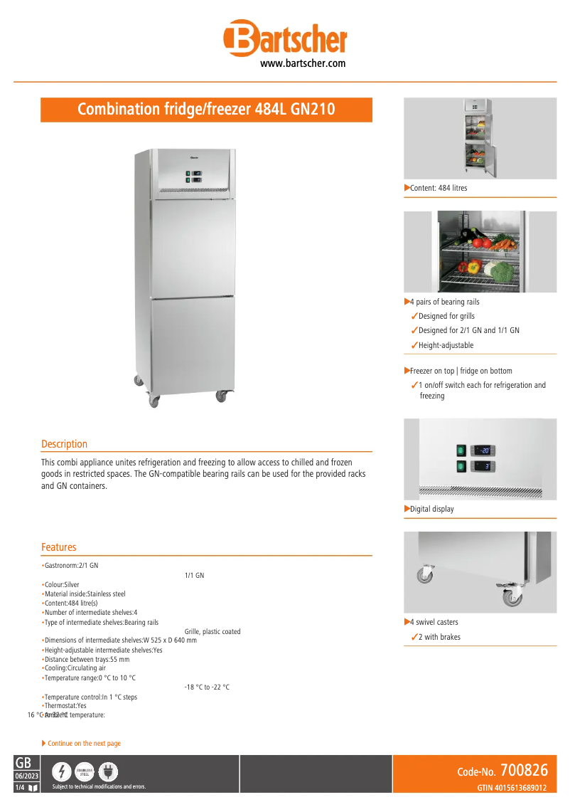 Page 1 de la notice Fiche technique Bartscher 484L GN210