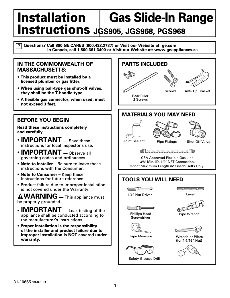 Page n°1 - Guide d'installation GE Profile JGS905KEKCC