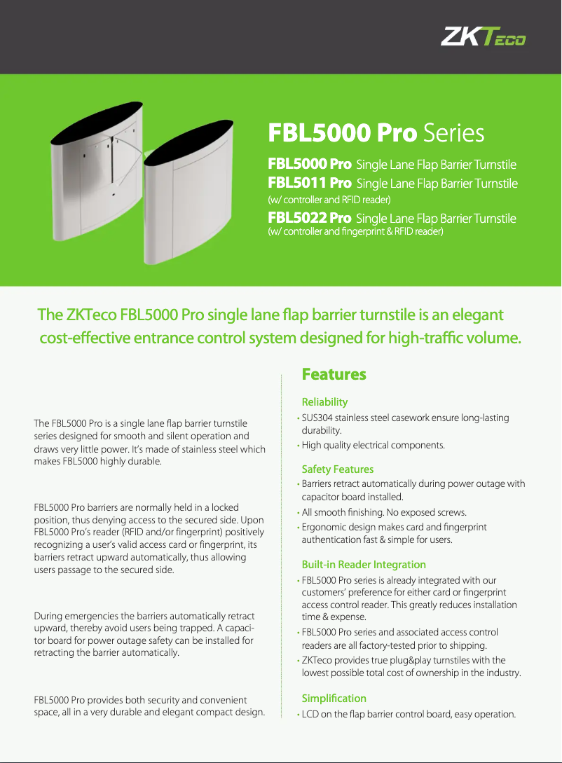 Page 1 de la notice Fiche technique ZKTeco FBL5000