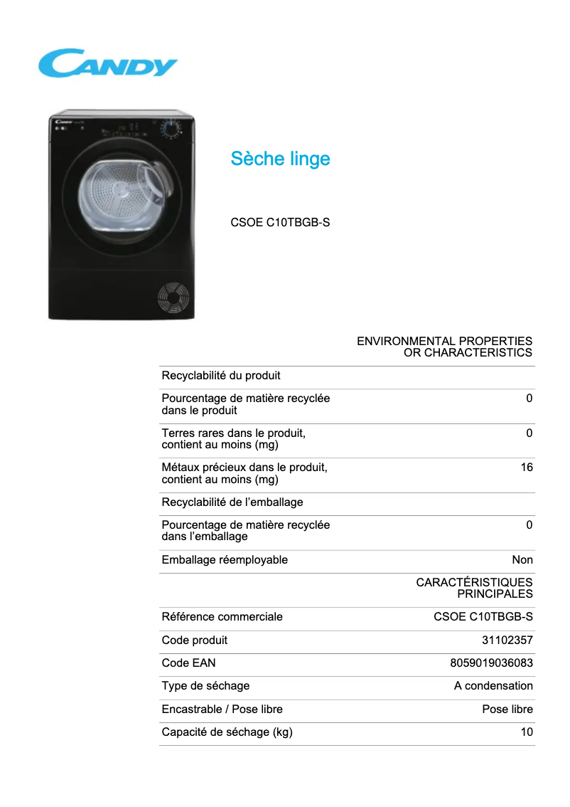 Page 1 de la notice Fiche technique Candy CSOE C10TBGB-S