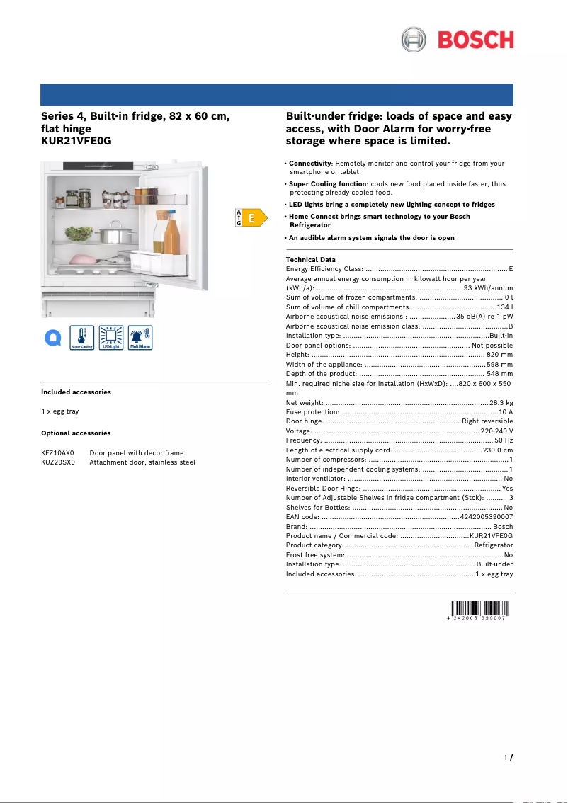 Página 1 del manual Ficha técnica Bosch KUR21VFE0G
