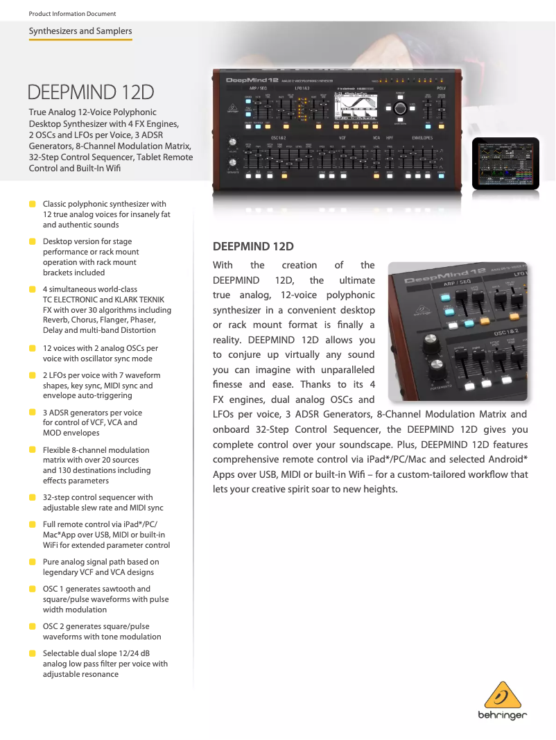 Page 1 de la notice Fiche technique Behringer DeepMind 12D