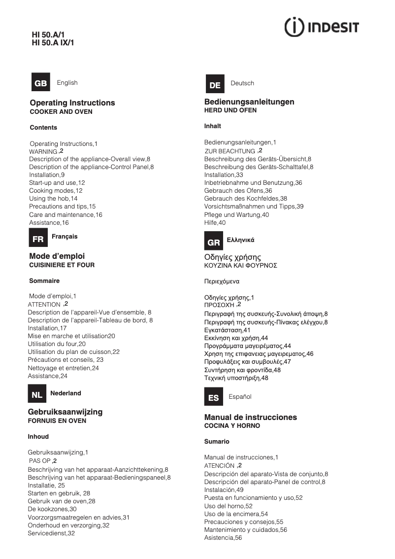 Page n°1 - Manuel utilisateur Indesit HI 50.A IX/1