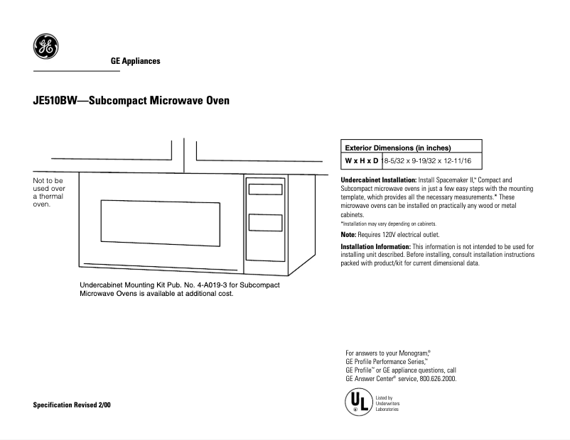 Page 1 de la notice Fiche technique GE JE510BW
