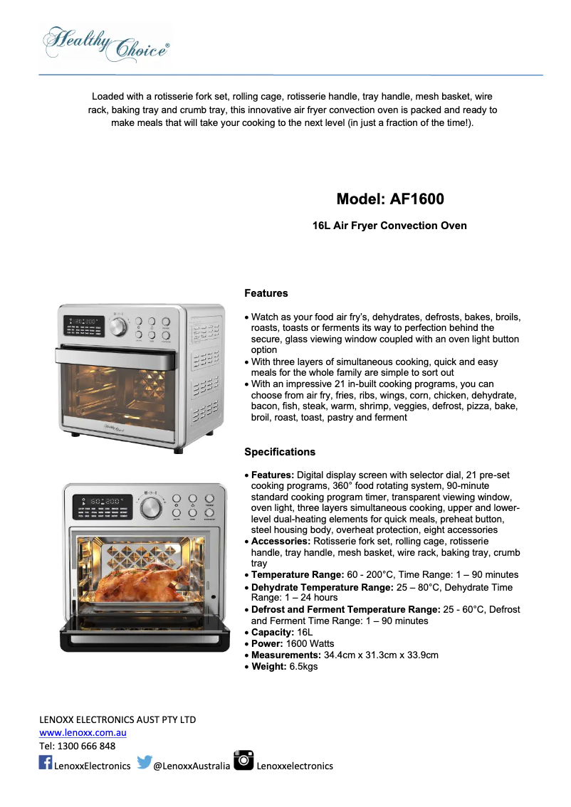 Page 1 de la notice Manuel utilisateur Healthy Choice AF1600