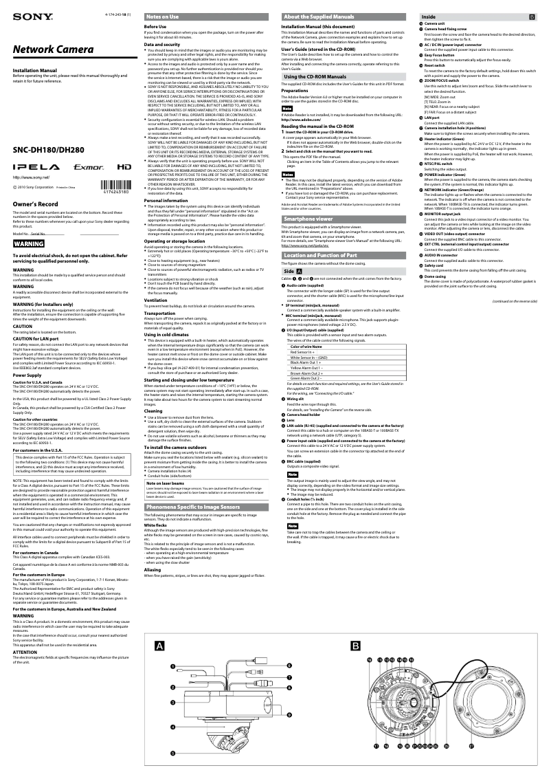 Page 1 de la notice Manuel utilisateur Sony SNC-DH280