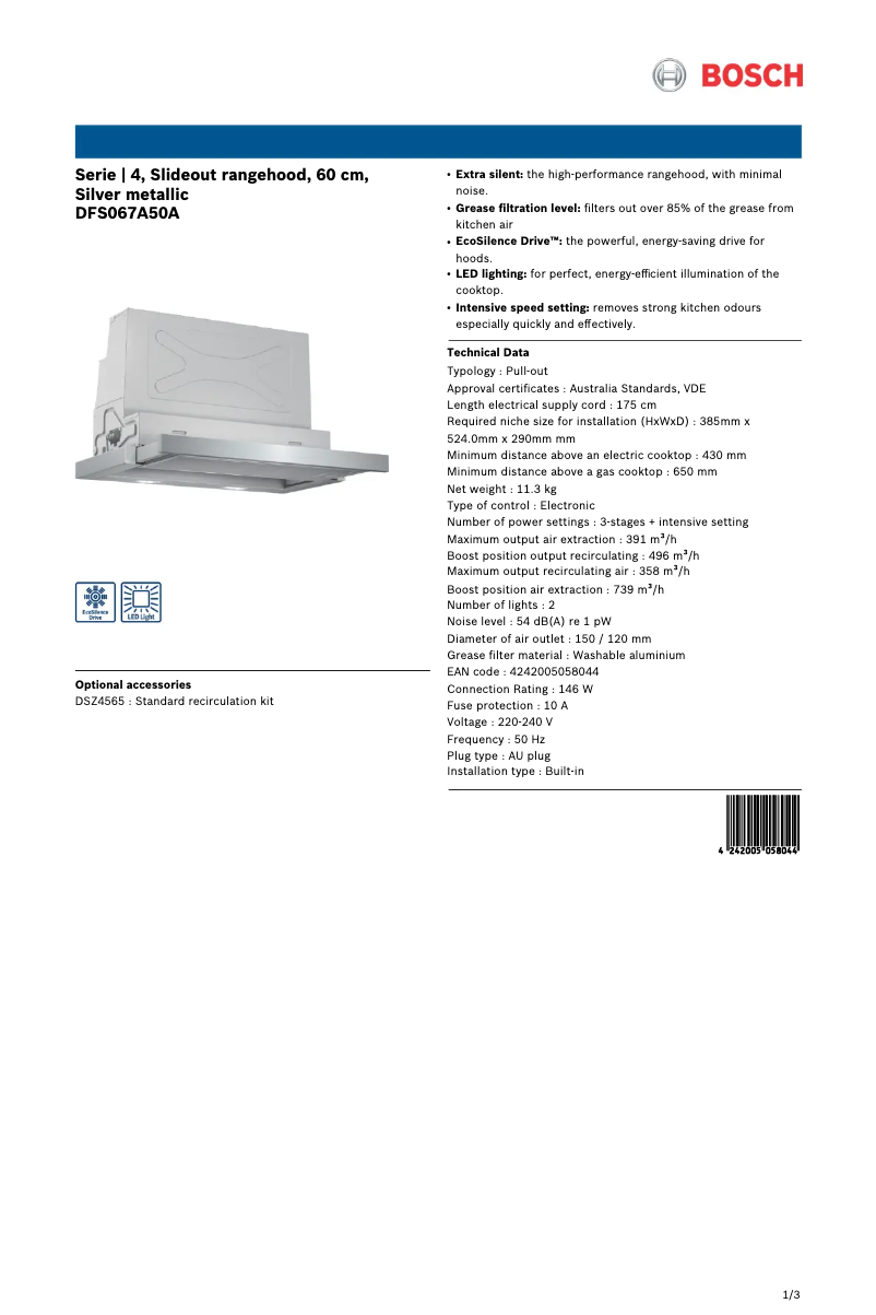 Page 1 de la notice Fiche technique Bosch DFS067A50A