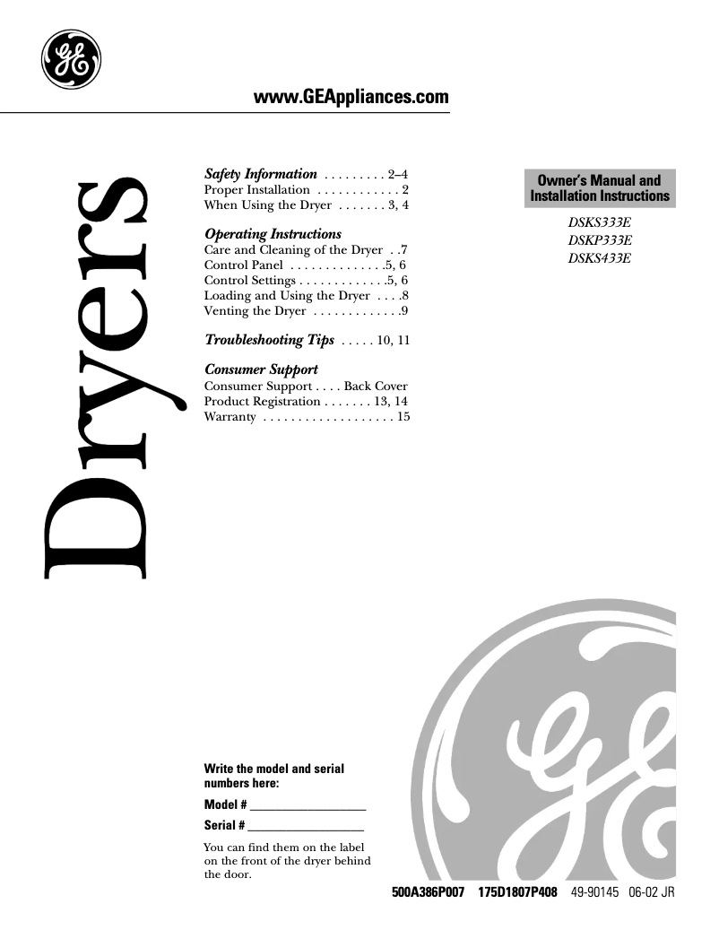 Page n°1 - Manuel d'utilisation et d'entretien GE DSKS433ETAB