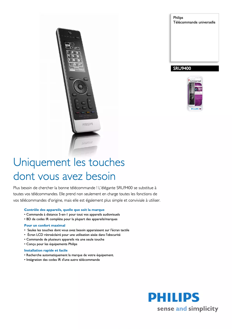 Page 1 de la notice Fiche technique Philips SRU9400