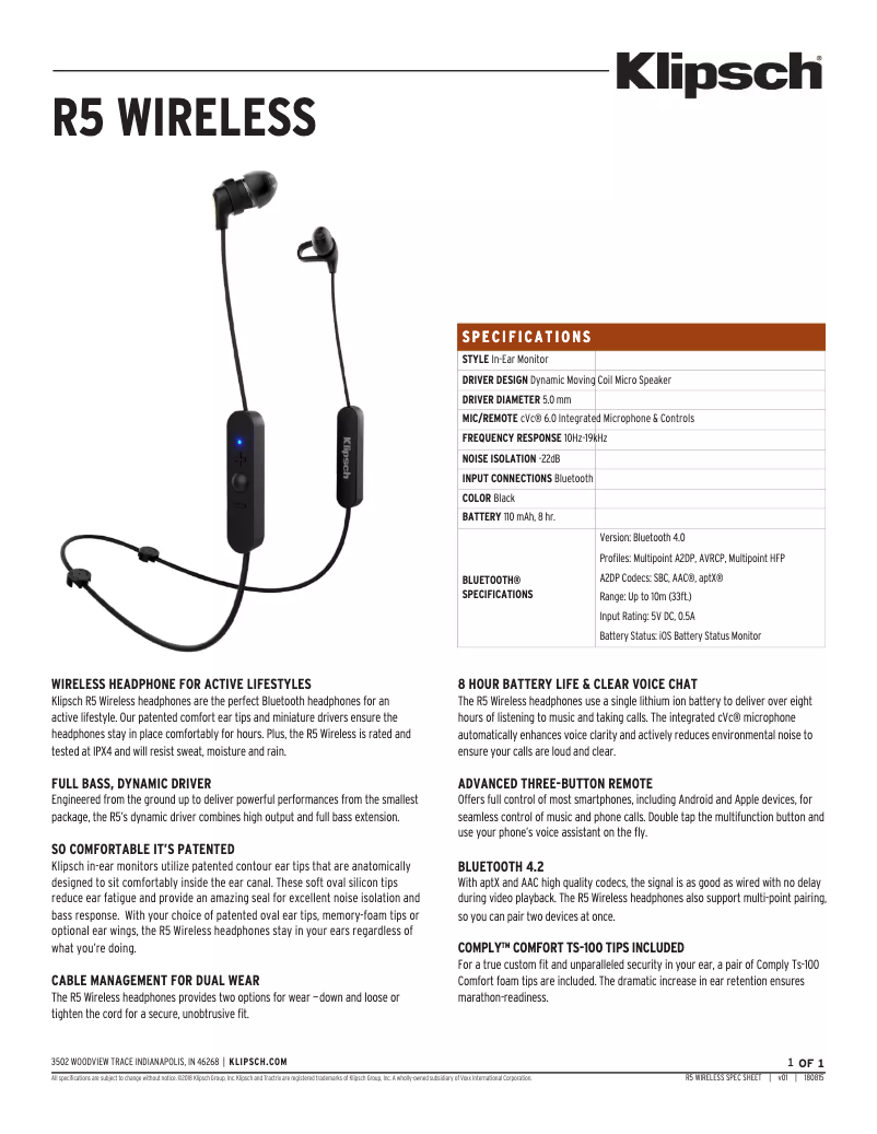 Page 1 de la notice Fiche technique Klipsch R5 Wireless