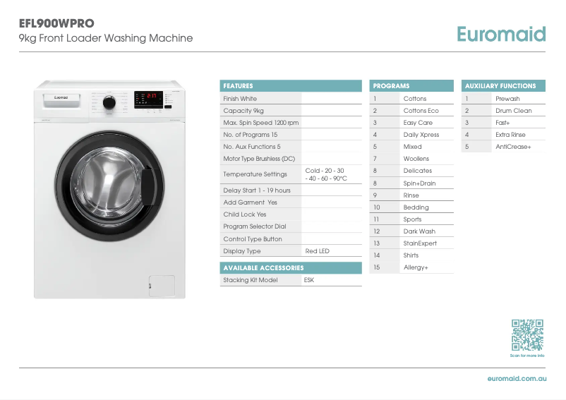 Page 1 de la notice Fiche technique Euromaid EFL900WPRO