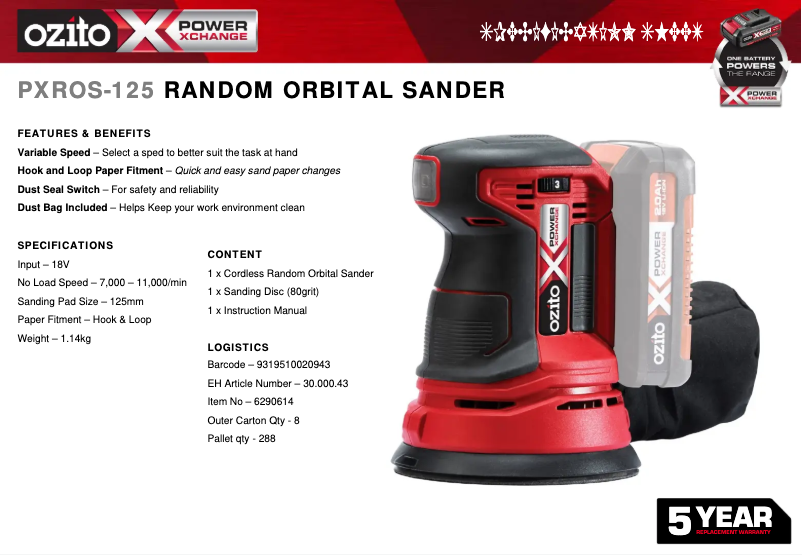 Página 1 del manual Ficha técnica Ozito PXROS-125