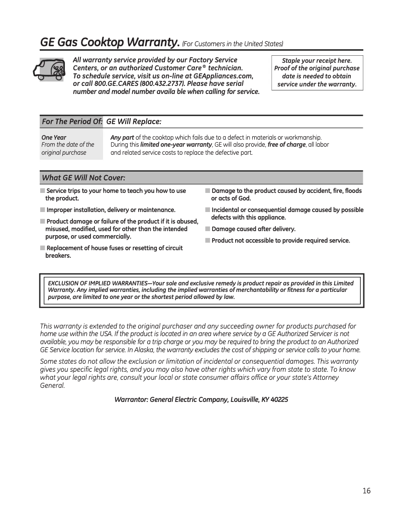 Page 1 de la notice Informations de garantie GE JGP3036SLSS
