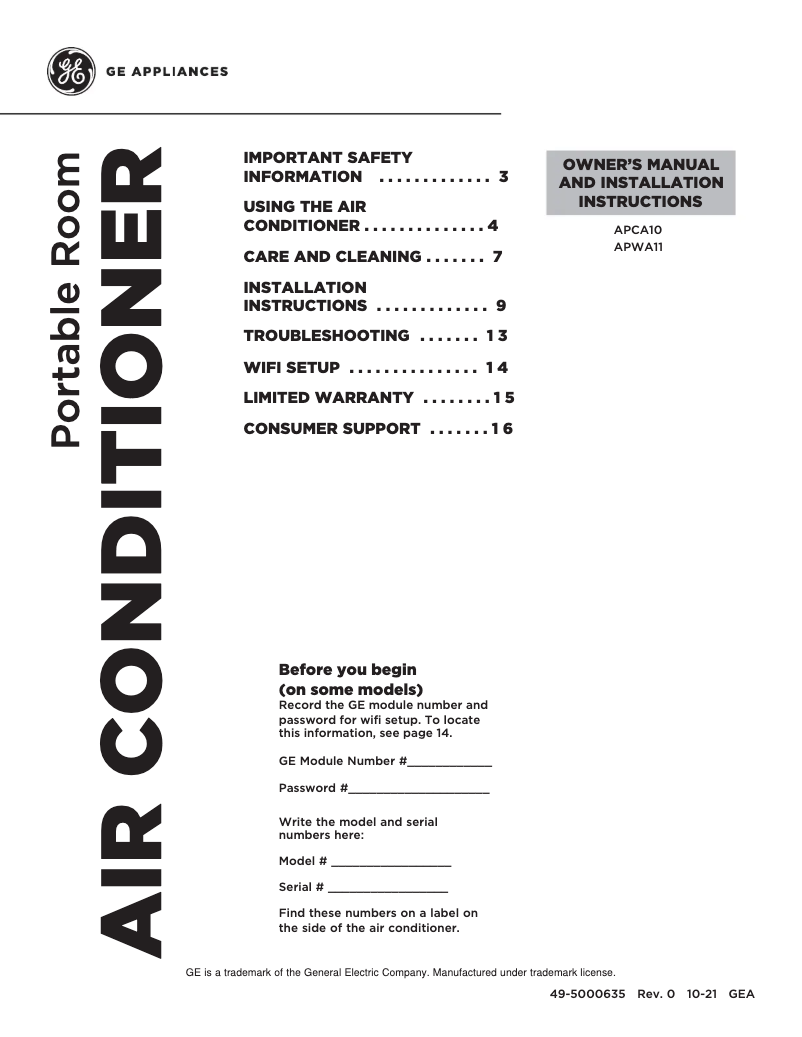 Page n°1 - Guide d'installation GE APWA11YBBW