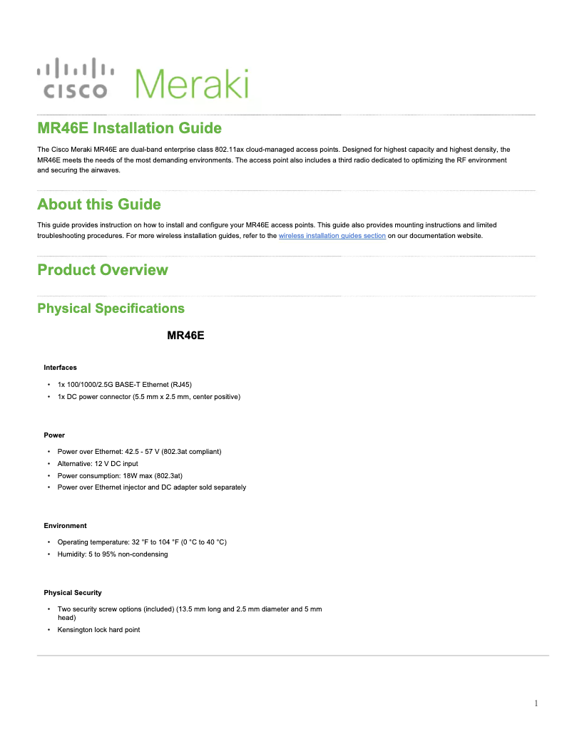 Page n°1 - Manuel utilisateur Meraki MR46E