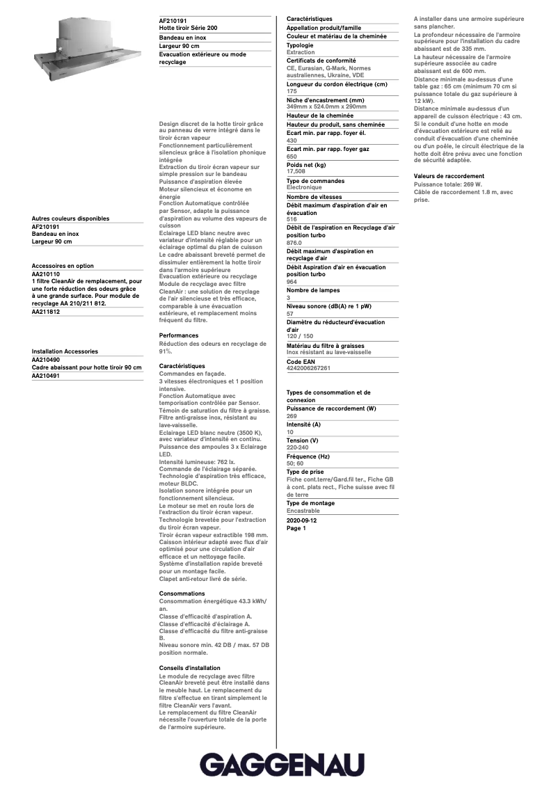Page 1 de la notice Fiche technique Gaggenau AF210191