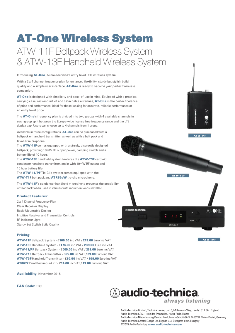 Page 1 de la notice Manuel utilisateur Audio-Technica ATW-11