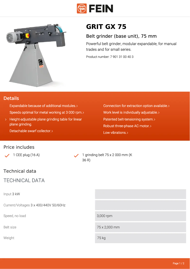 Page n°1 - Fiche technique Fein GRIT GX 75