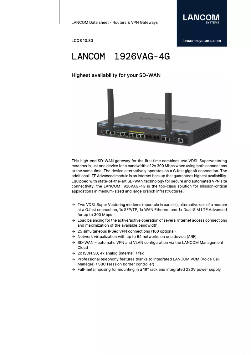 Page n°1 - Fiche technique Lancom 1926VAG-4G