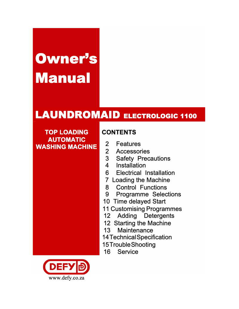 Page 1 de la notice Manuel utilisateur Defy Laundromaid Electrologic 1100