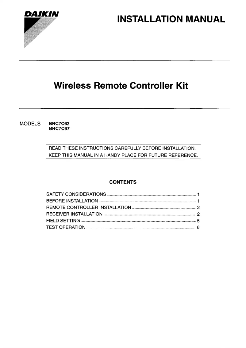 Page 1 de la notice Guide d'installation Daikin BRC7C62