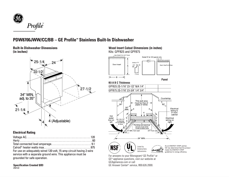 Page n°1 - Fiche technique GE Profile PDW8700JWW