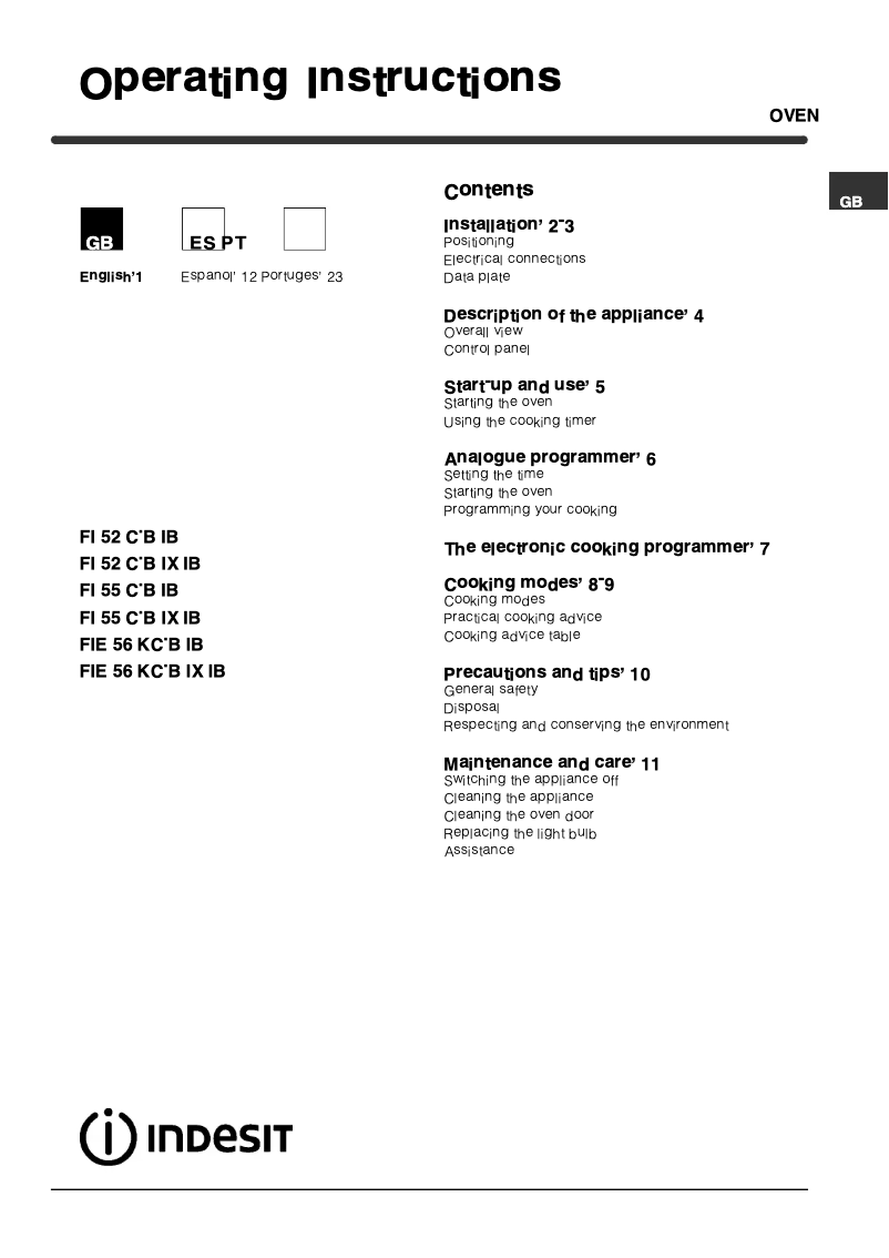 Page n°1 - Manuel utilisateur Indesit FIE 56 KC.B IX IB