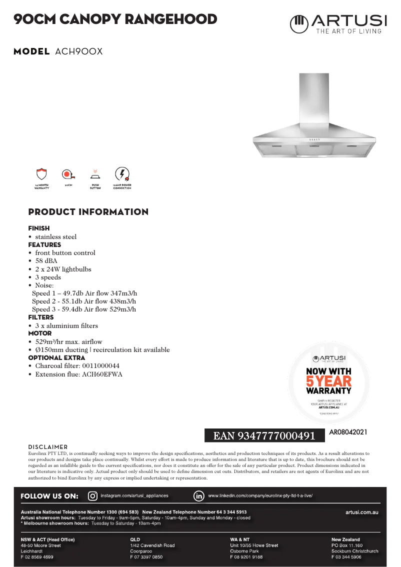Page 1 de la notice Fiche technique Artusi ACH900X