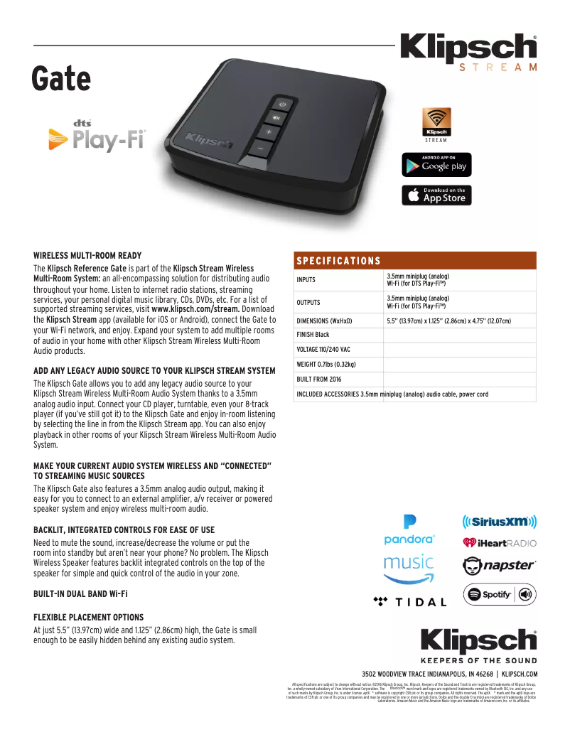 Page n°1 - Fiche technique Klipsch Gate