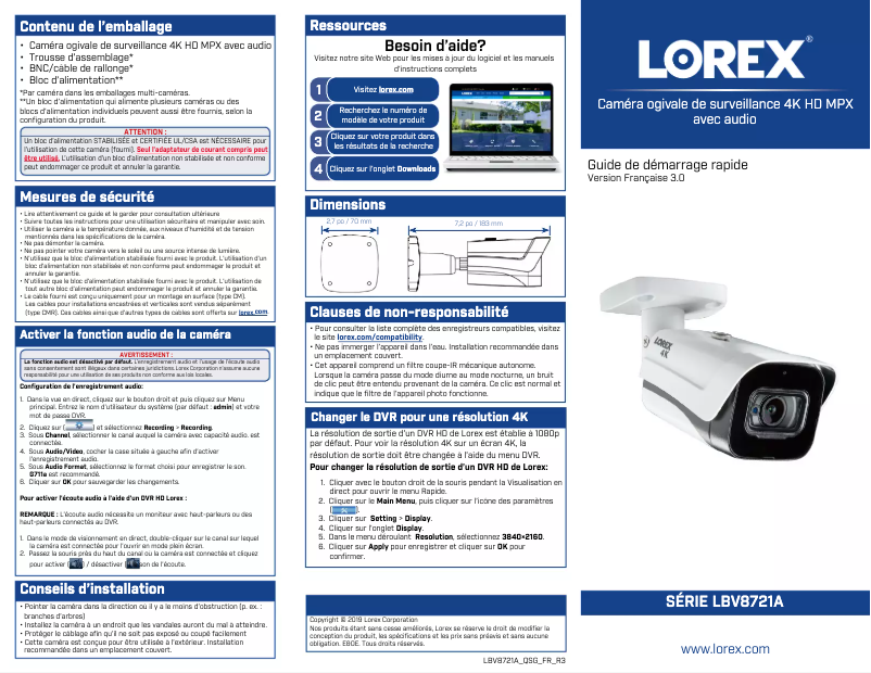 Page n°1 - Guide de démarrage rapide Lorex LBV8721AB