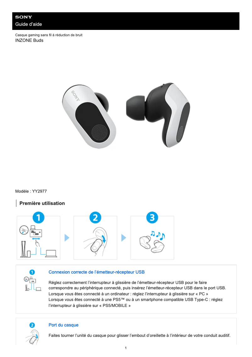 Page 1 de la notice Manuel utilisateur Sony INZONE Buds