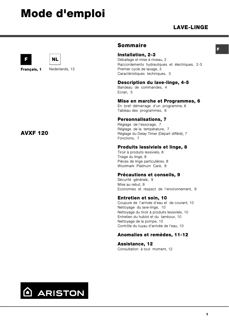 Page 1 de la notice Manuel utilisateur Hotpoint Ariston AVXF 120