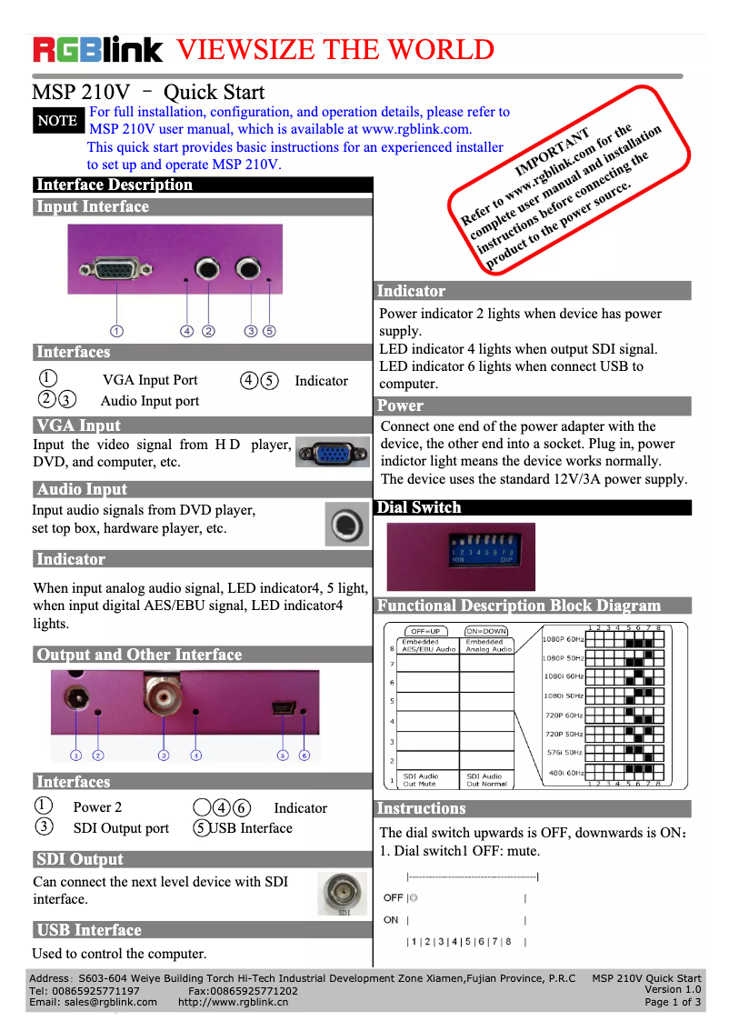 Page n°1 - Manuel utilisateur RGBlink MSP 210V