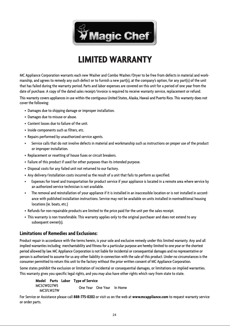 Page 1 de la notice Informations de garantie Magic Chef MCSFLW27W