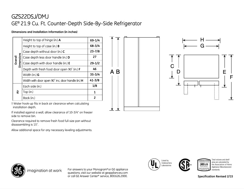 Page 1 de la notice Fiche technique GE GZS22DGJWW