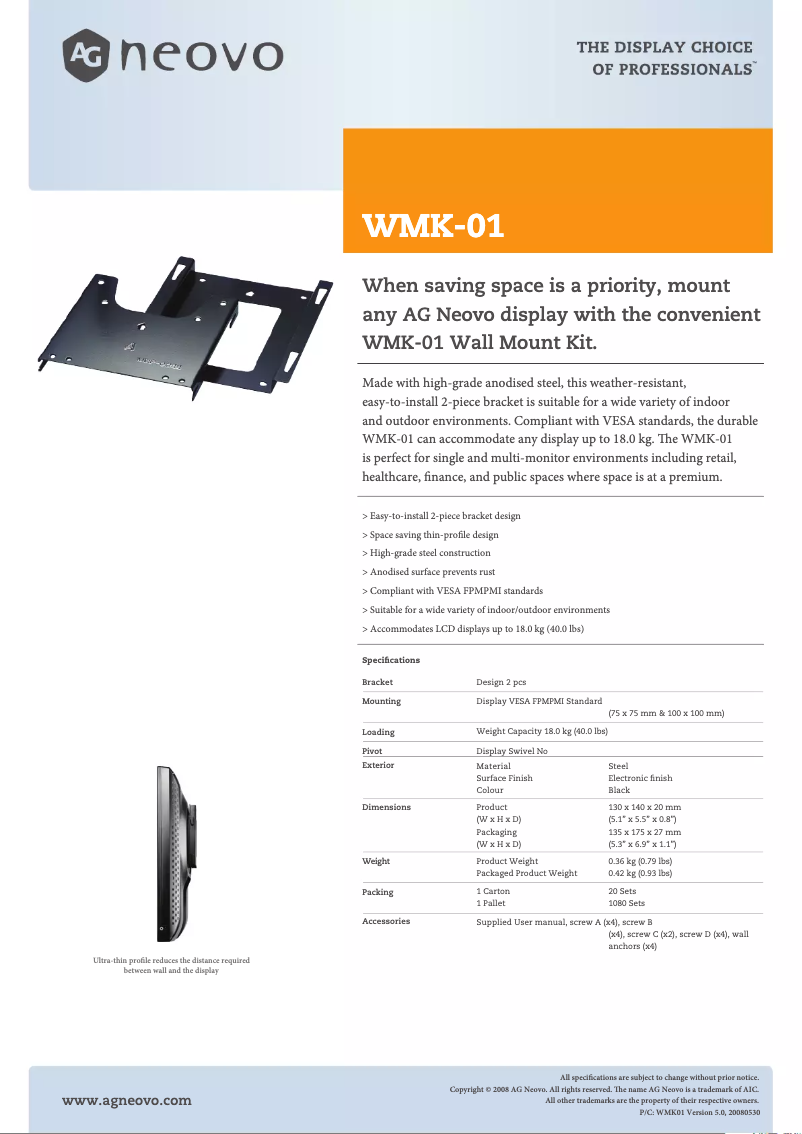 Page 1 de la notice Fiche technique AG Neovo WMK-01