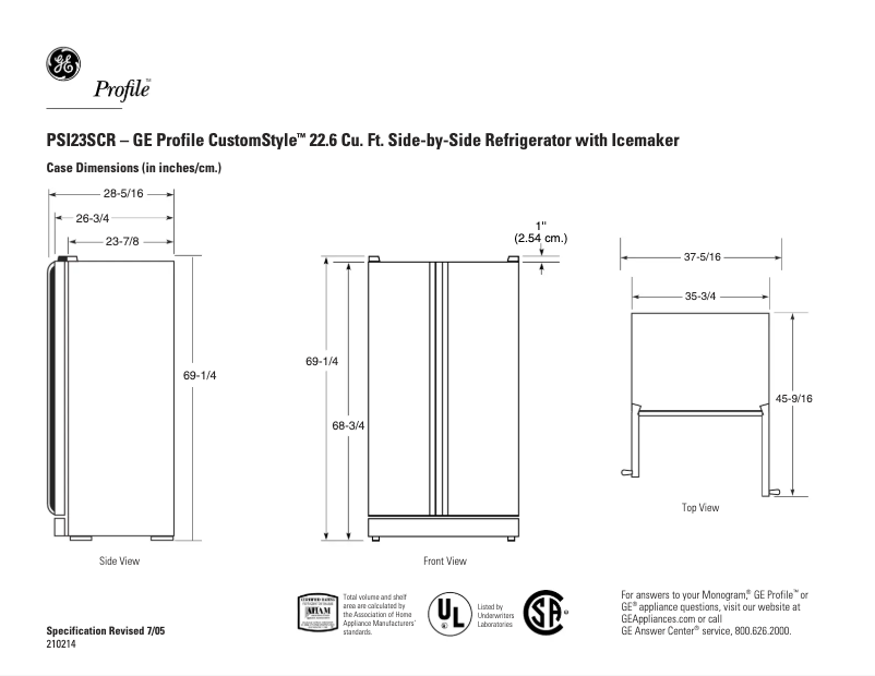 Page 1 de la notice Fiche technique GE PSI23SCRSV