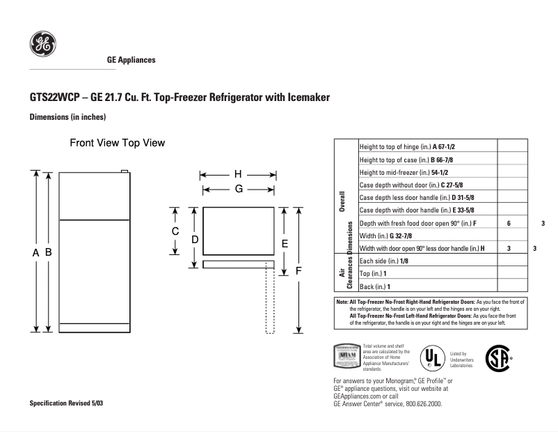 Page 1 de la notice Fiche technique GE GTS22WCPCC