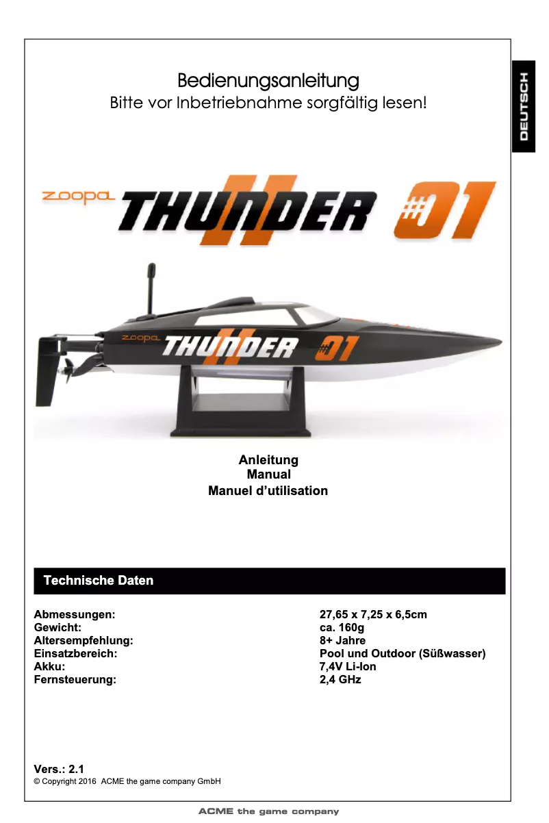 Page 1 de la notice Manuel utilisateur Acme Made Zoopa Thunder #01
