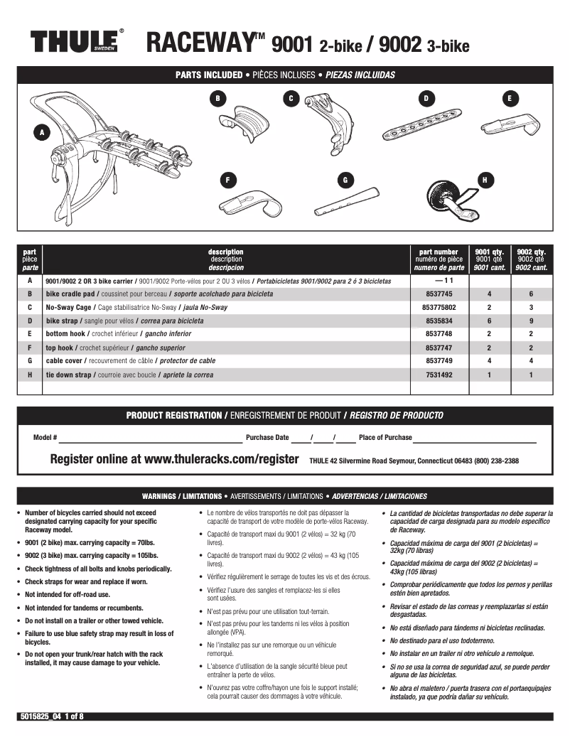 Page 1 de la notice Manuel utilisateur Thule Raceway 9002