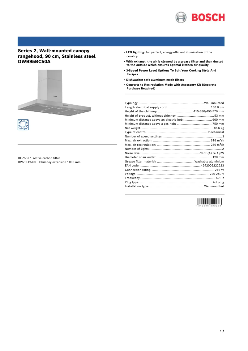 Página 1 del manual Ficha técnica Bosch DWB95BC50A
