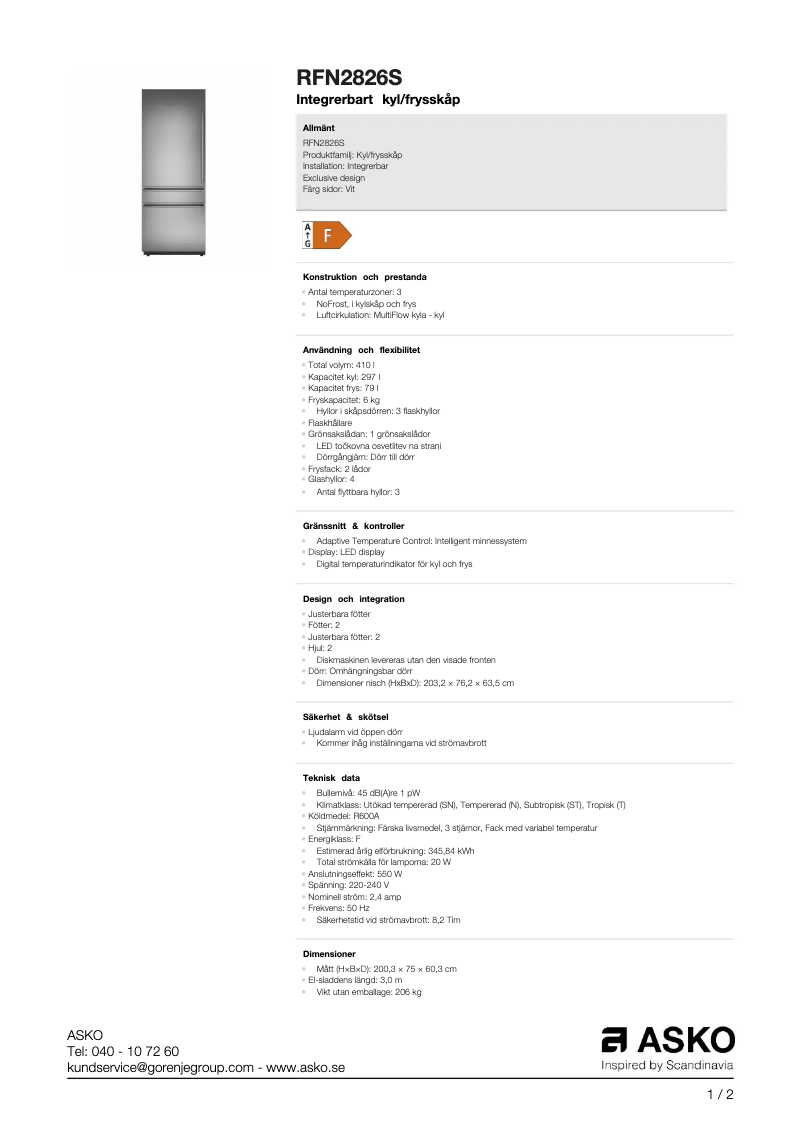 Page 1 de la notice Fiche technique Asko RFN2826S