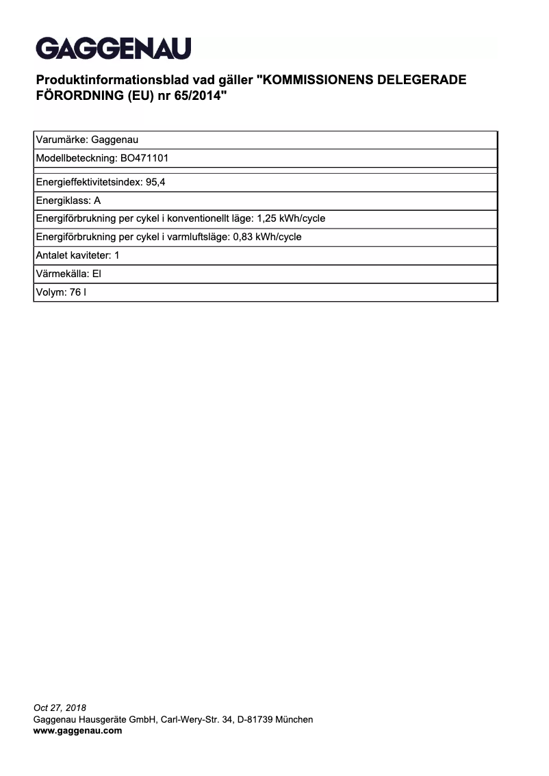 Page 1 de la notice Fiche technique Gaggenau BO471101