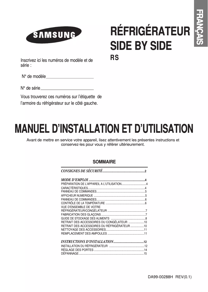 Image de la première page du manuel de l'appareil RS20NASV