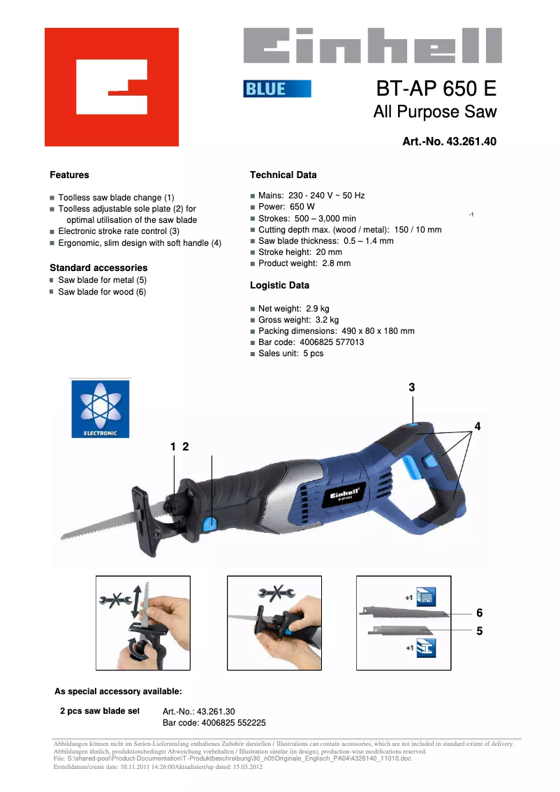 Page 1 de la notice Fiche technique Einhell BT-AP 650 E