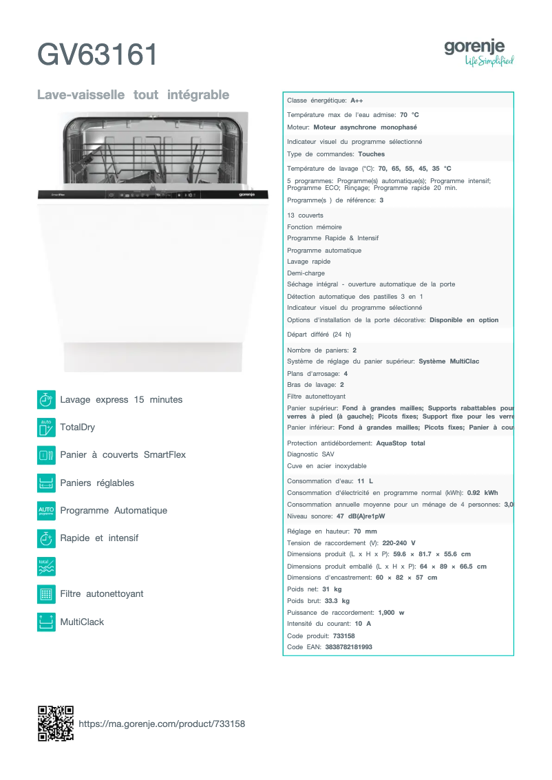 Page n°1 - Fiche technique Gorenje GV63161