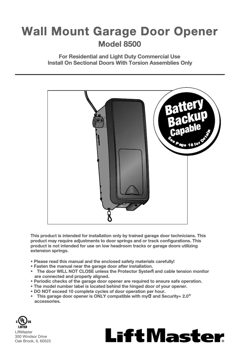 Page 1 de la notice Manuel utilisateur LiftMaster 8500 Elite