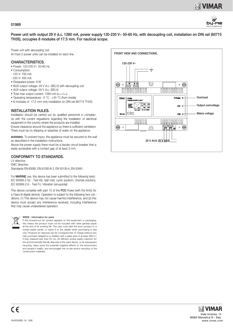 Page 1 de la notice Manuel utilisateur Vimar 01989