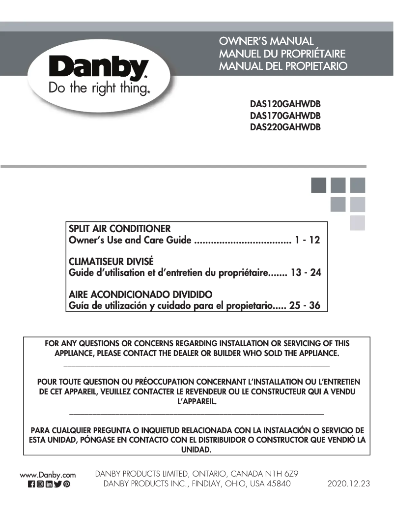 Page 1 de la notice Manuel utilisateur Danby DAS220GBHWDB